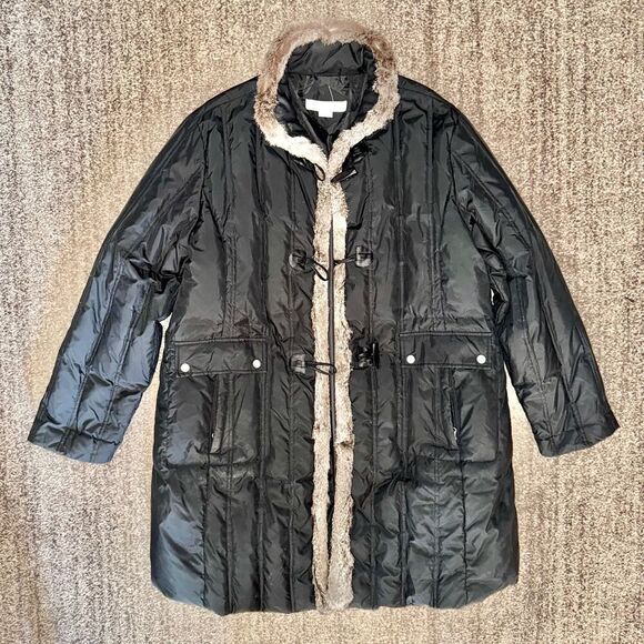 Larry Levine Down Real Rabbit Trim Outerwear Puffer Jacket Black Brown XL - Picture 1 of 13